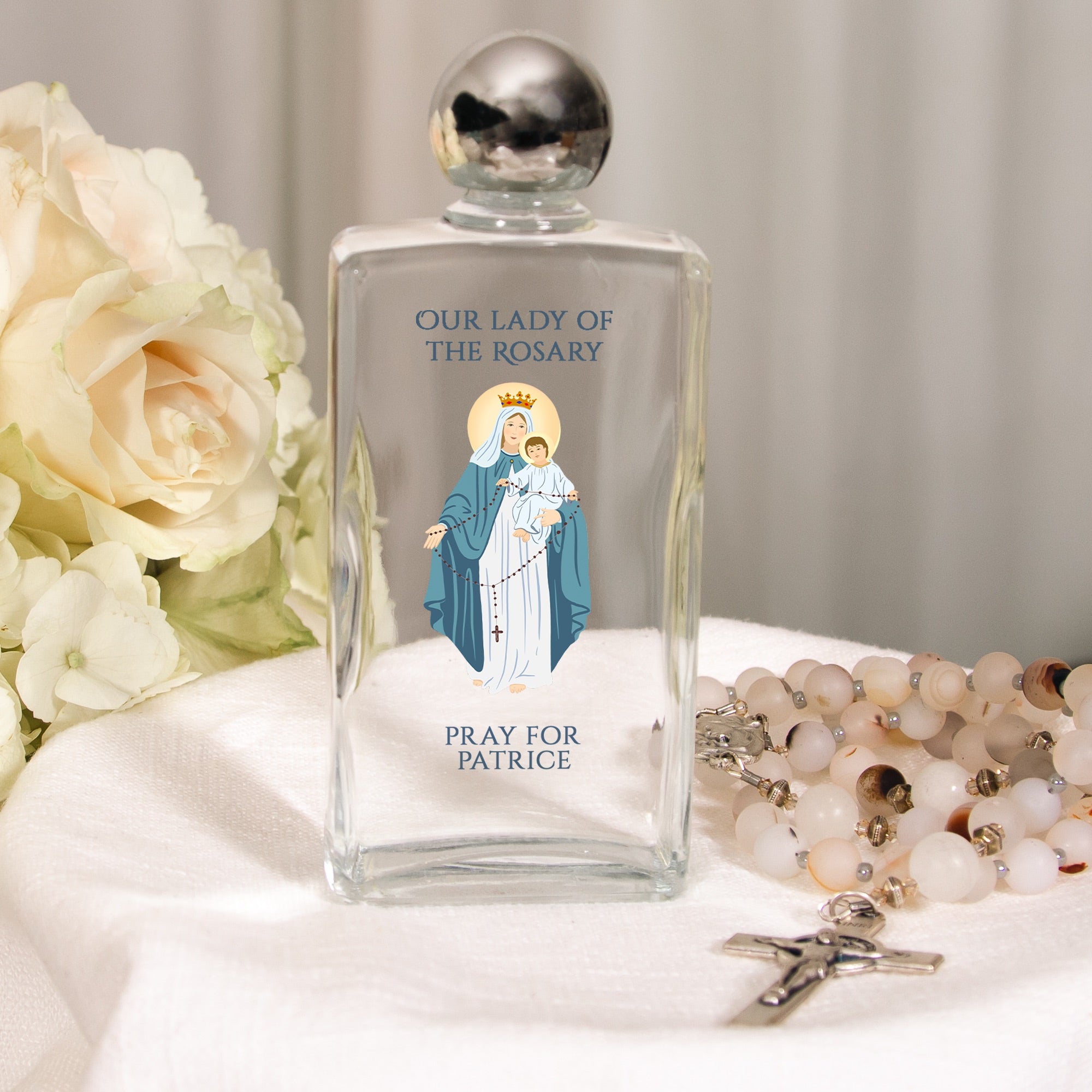 Personalized Our Lady of the Rosary Holy Water Bottle