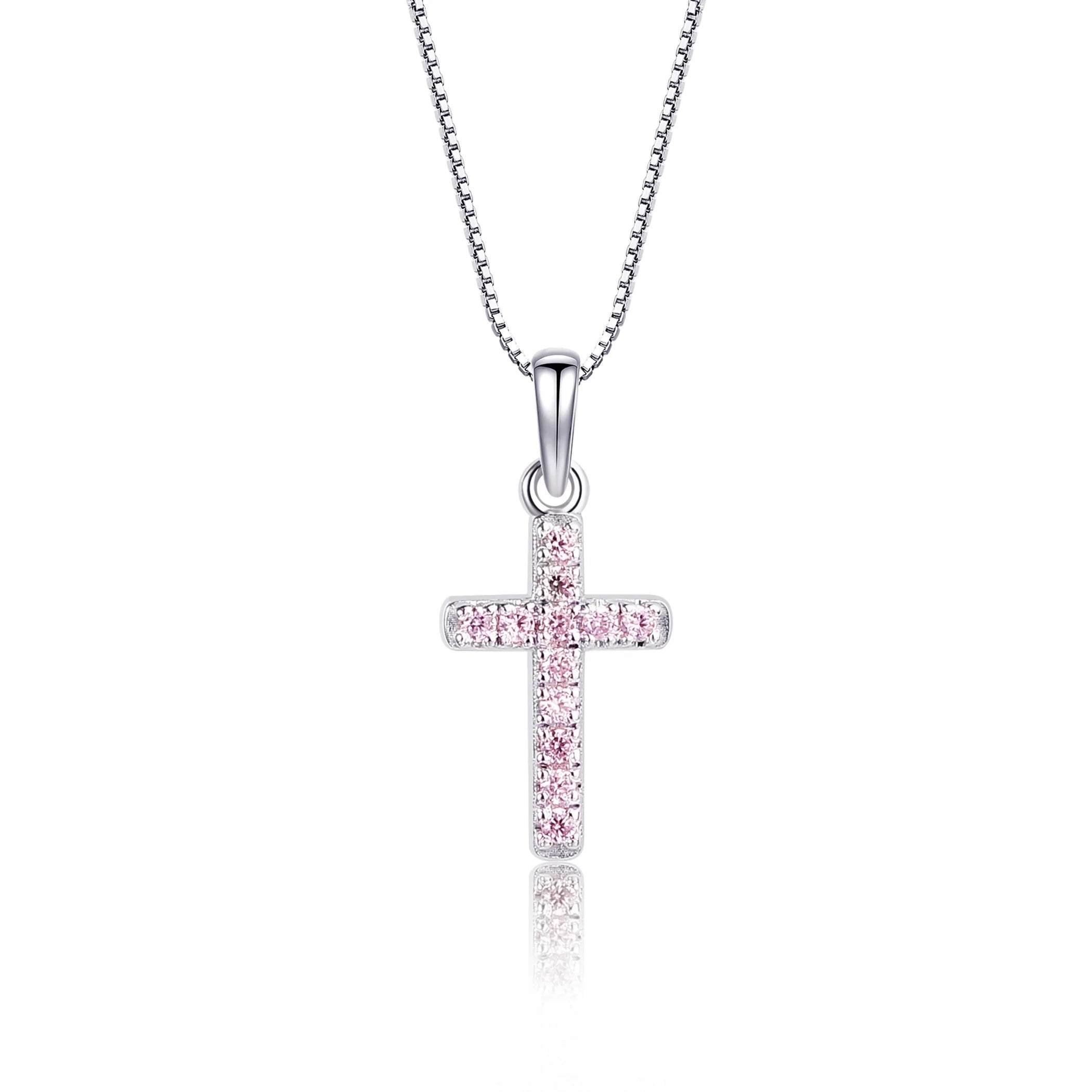 Girl's Sterling Silver & Pink Cubic Zirconia Cross Necklace - 14"