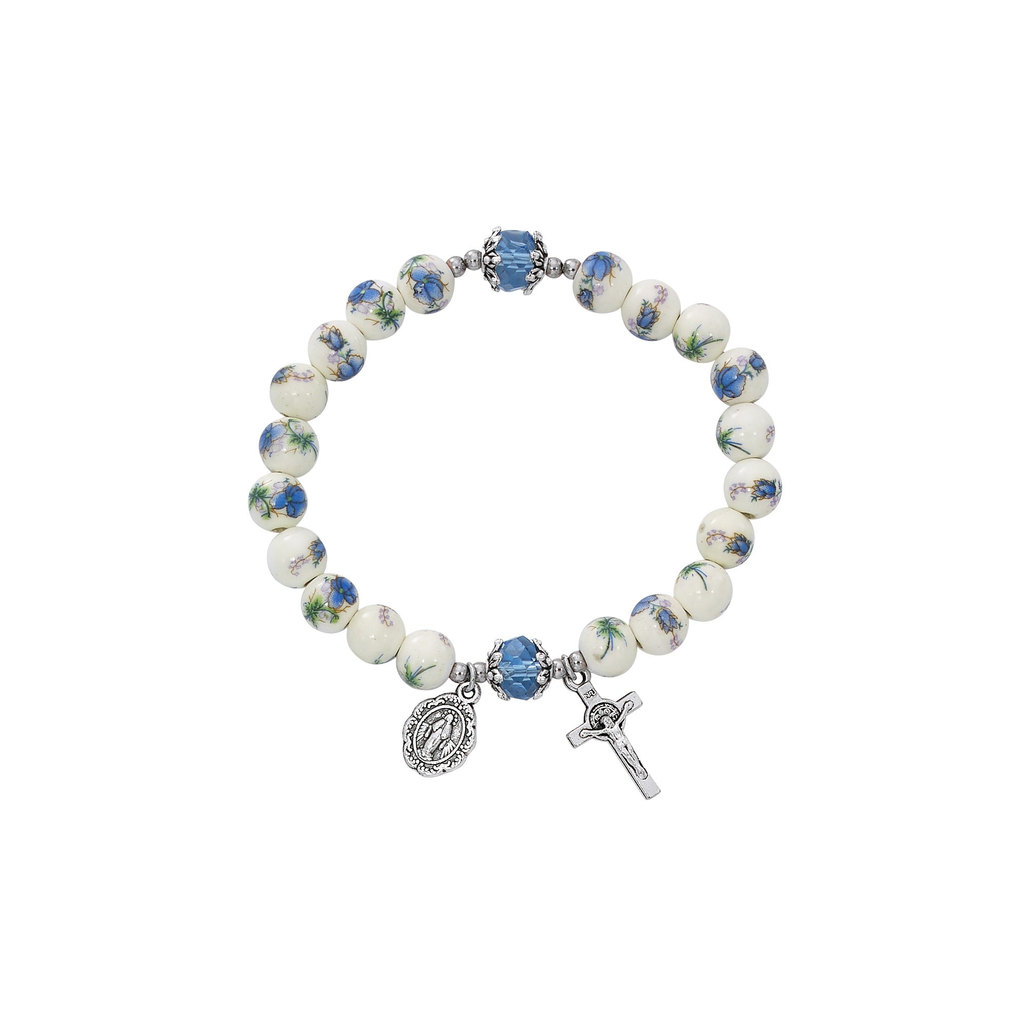 Blue Floral Ceramic Stretch Rosary Bracelet