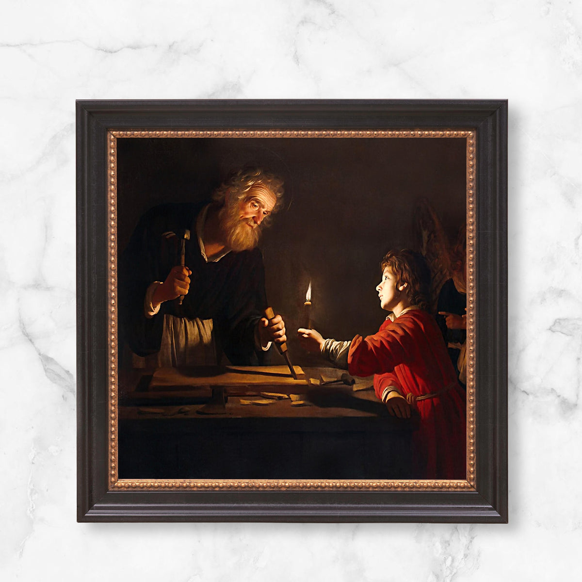 Framed painting depicts a man working wood with a child holding a candle, in dark colors and baroque style.