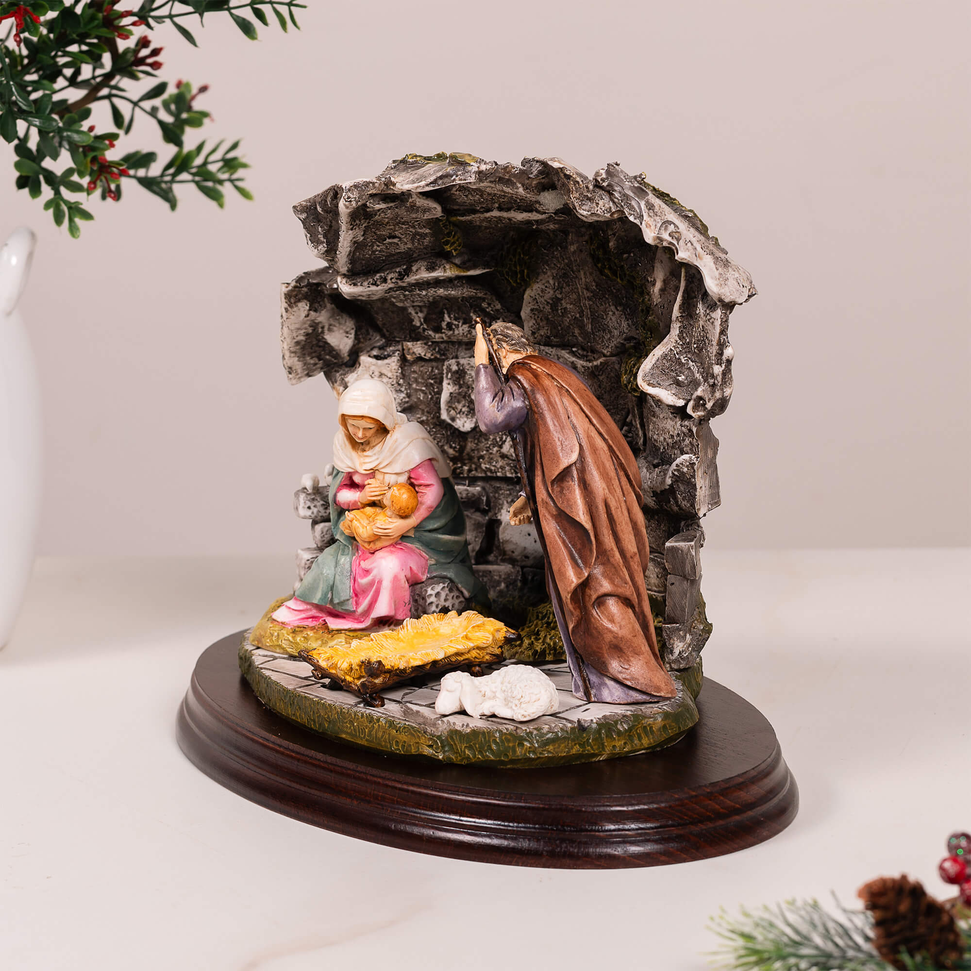Holy Family in the Stable on Wood Base - 10"