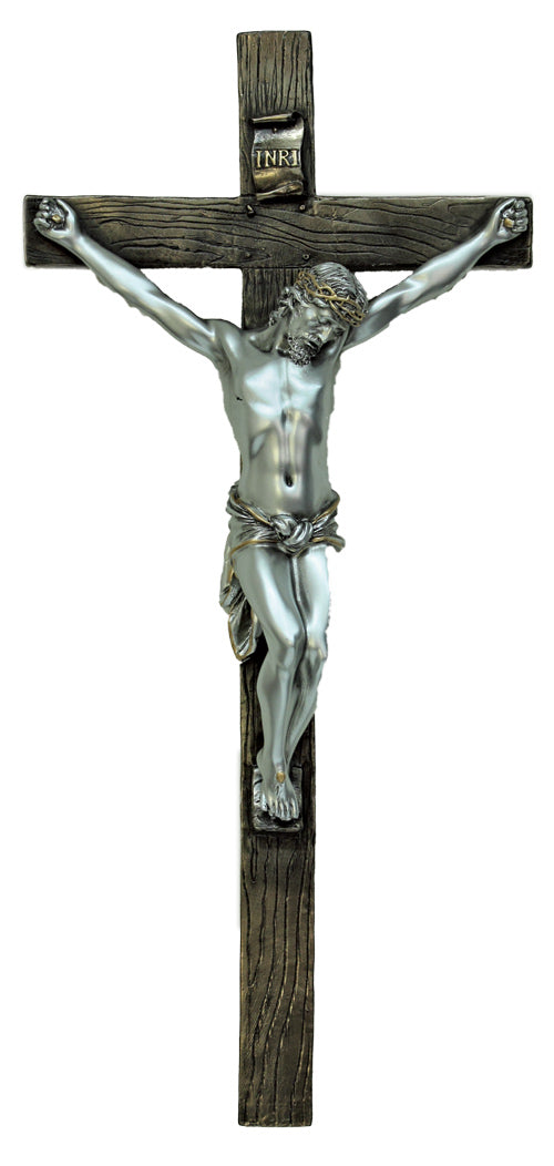 Two Tone Bronze and Pewter Look Crucifix - 13"