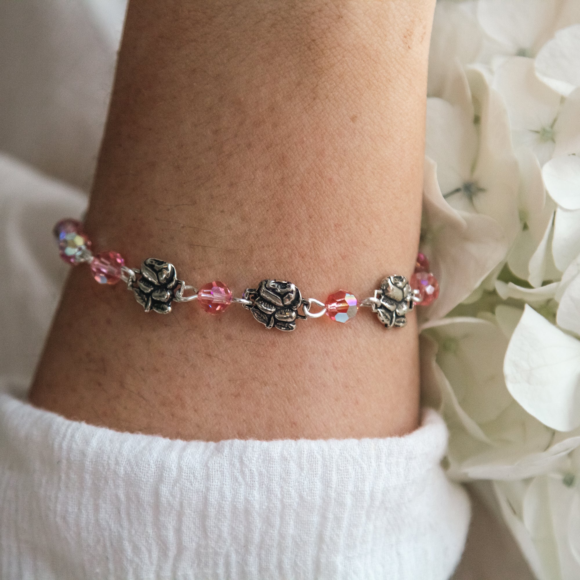 Sterling Silver Pink Swarovski Rosary Bracelet with Roses