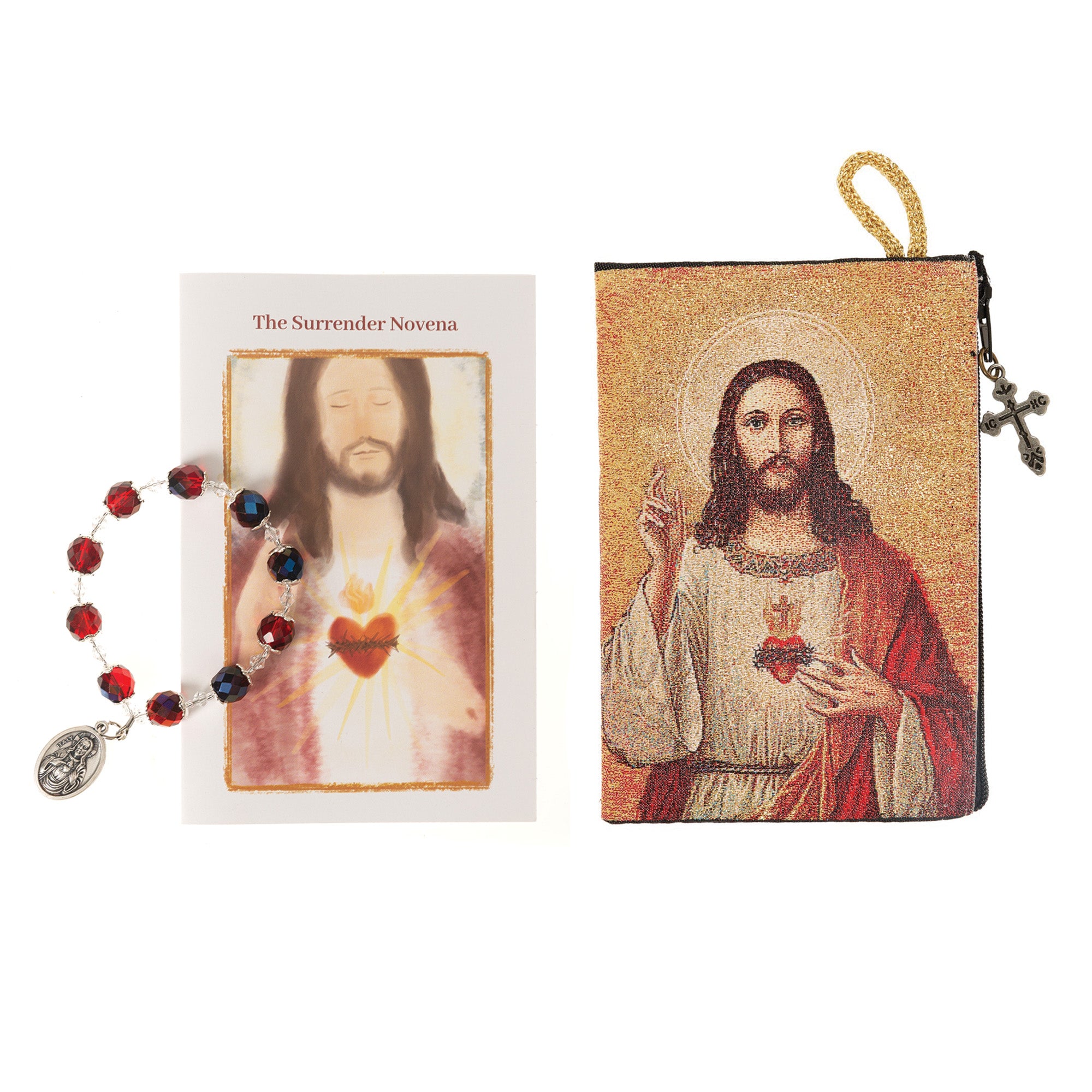 Czech Crystal Surrender Novena Chaplet & Sacred Heart & Immaculate Heart Rosary Pouch (Gift Set)
