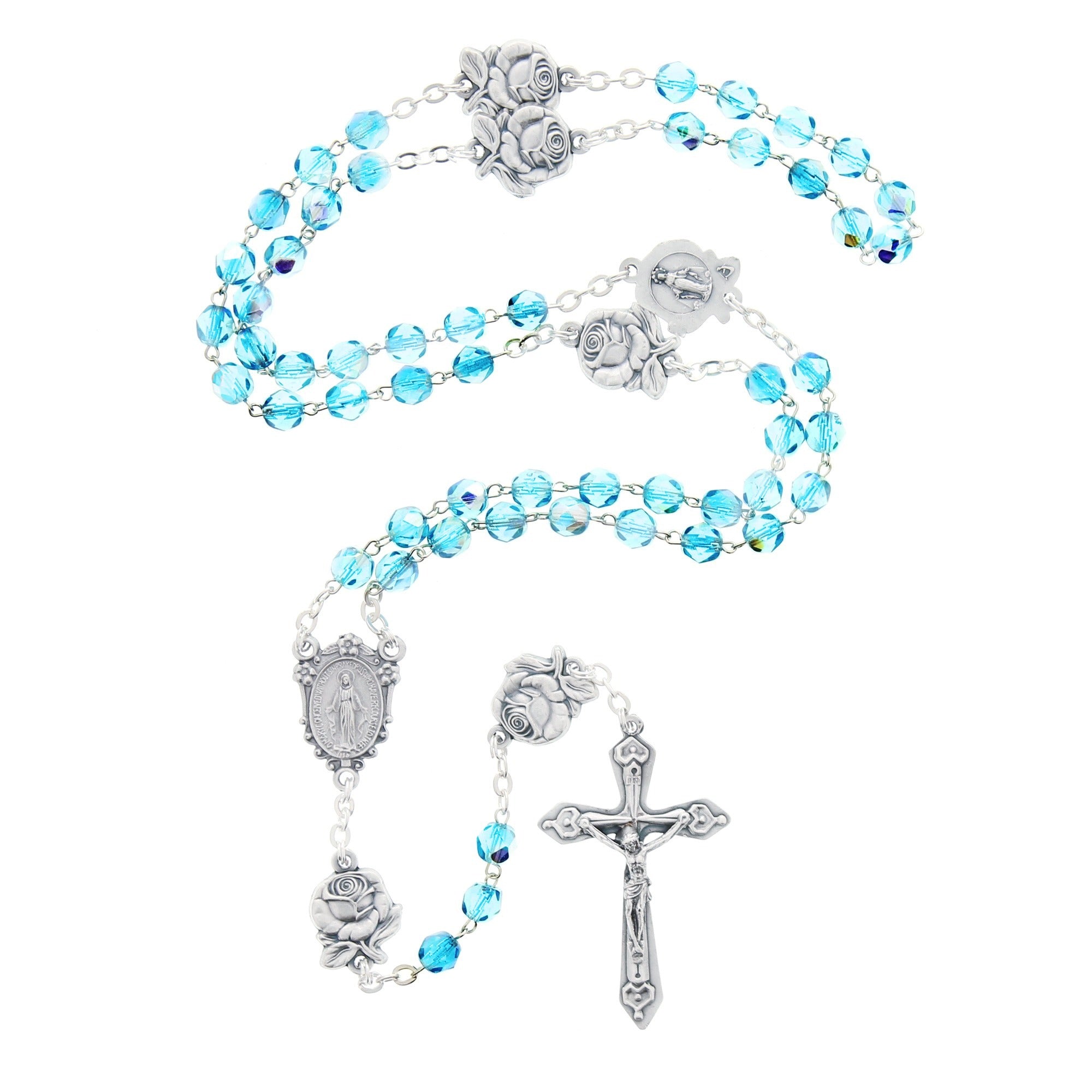 Aqua Miraculous Medal with Roses Rosary