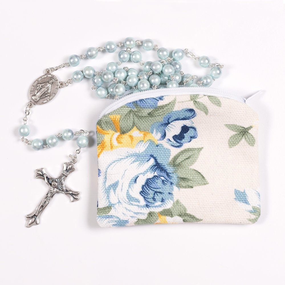 Marian Blue Pearl Rosary in Rose Garden Pouch