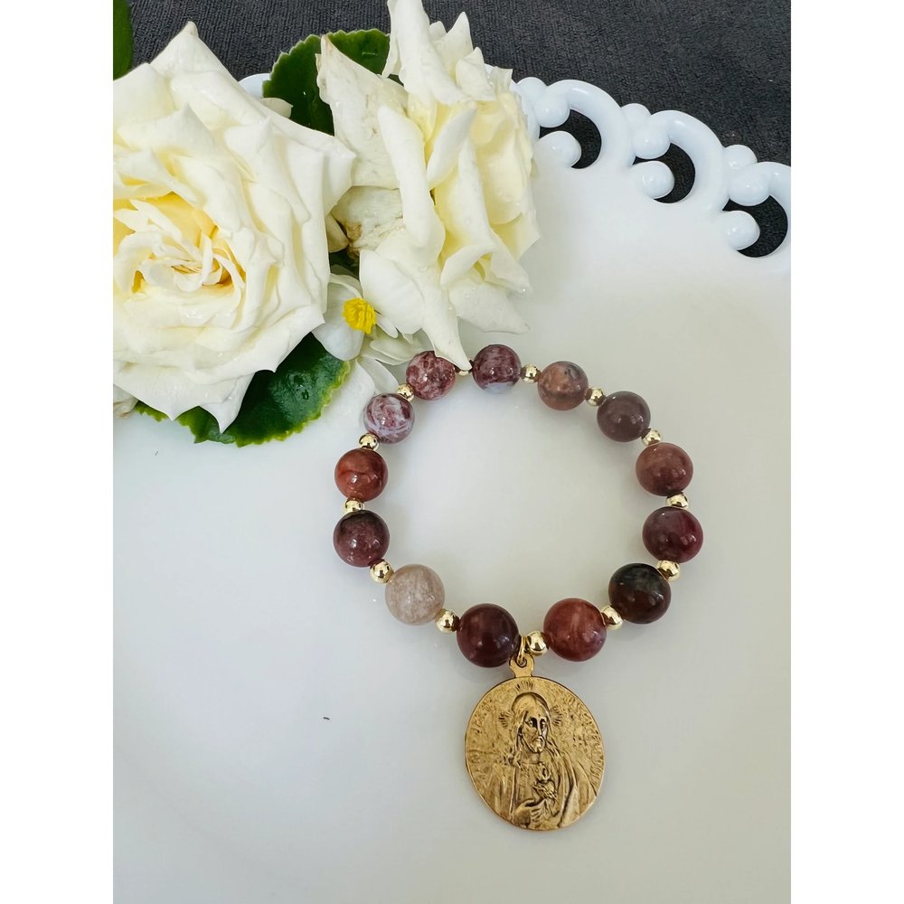 St. Thérèse Maroon & Gold Gemstone Stretch Bracelet