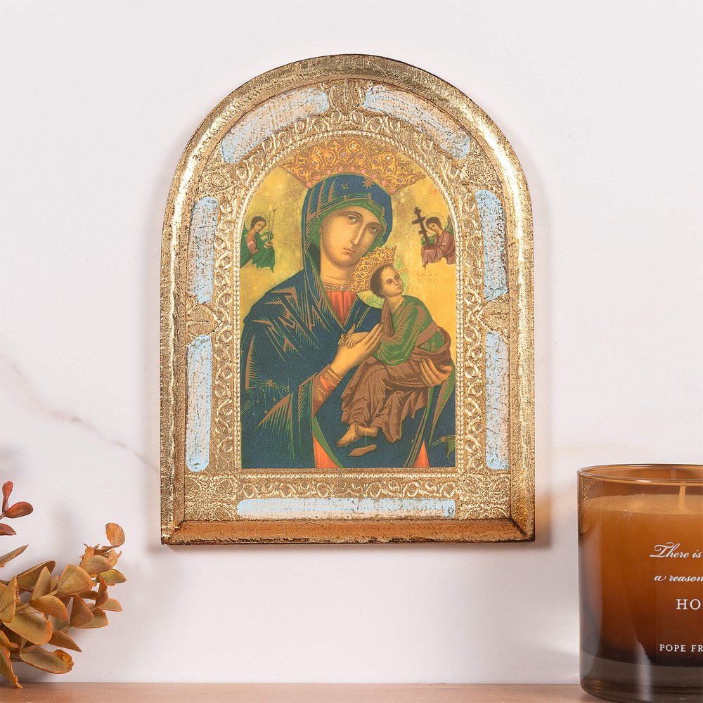 Our Lady of Perpetual Help Gold & Blue Arched Florentine Plaque - 8" x 6"