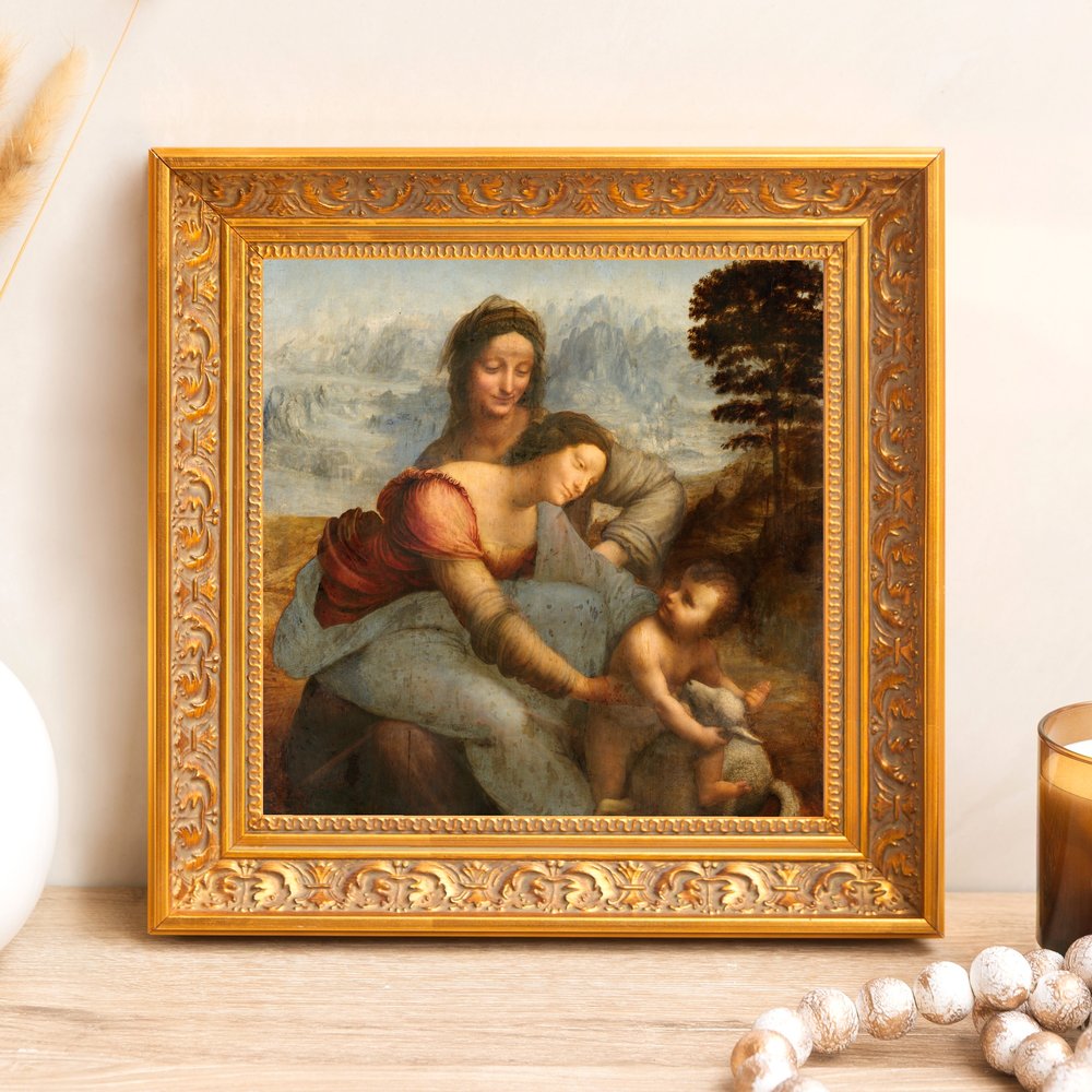 Framed painting of the Virgin and Saint Anne with the Infant John the Baptist in a gold ornate frame.