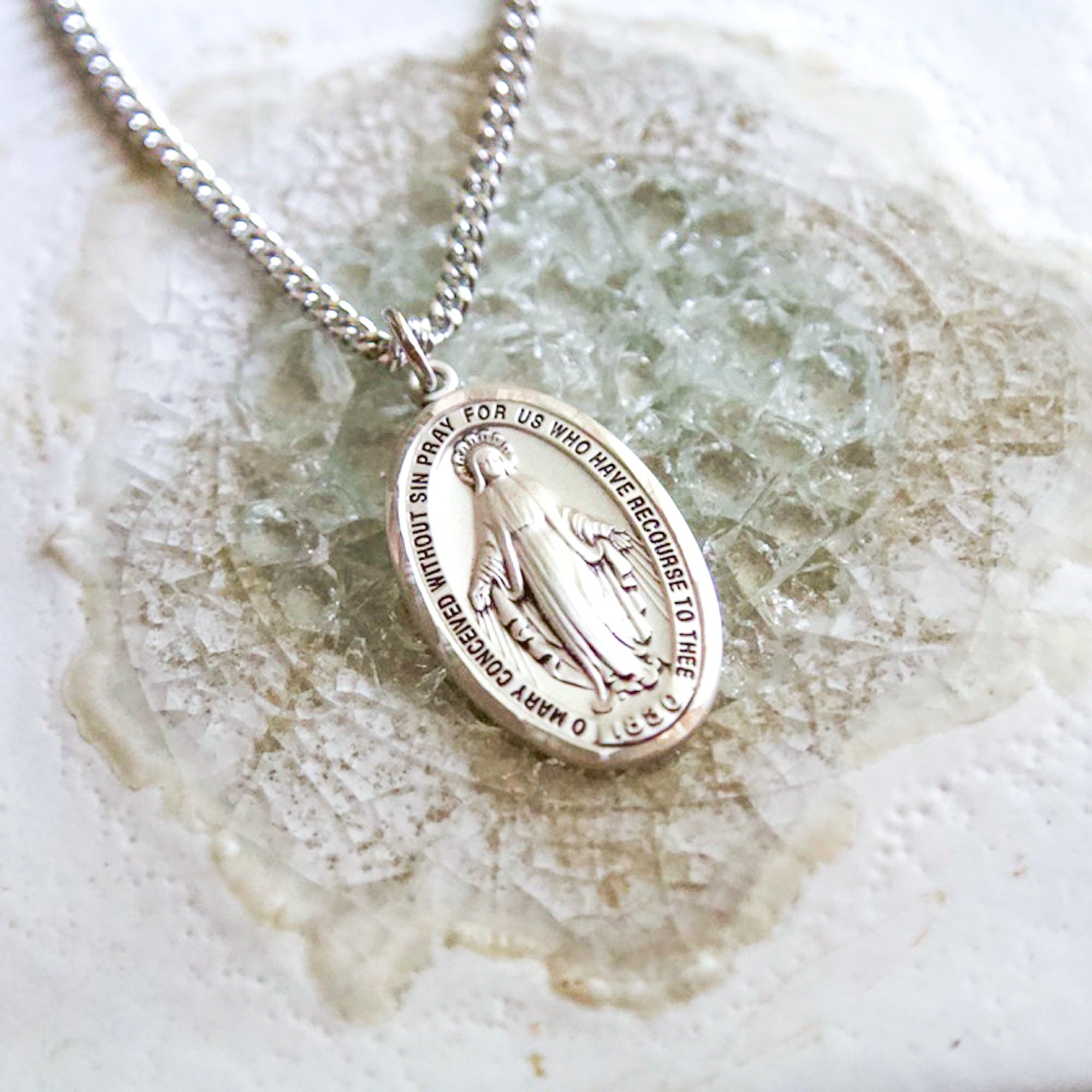 Sterling Silver Miraculous Medal on 24 inch chain