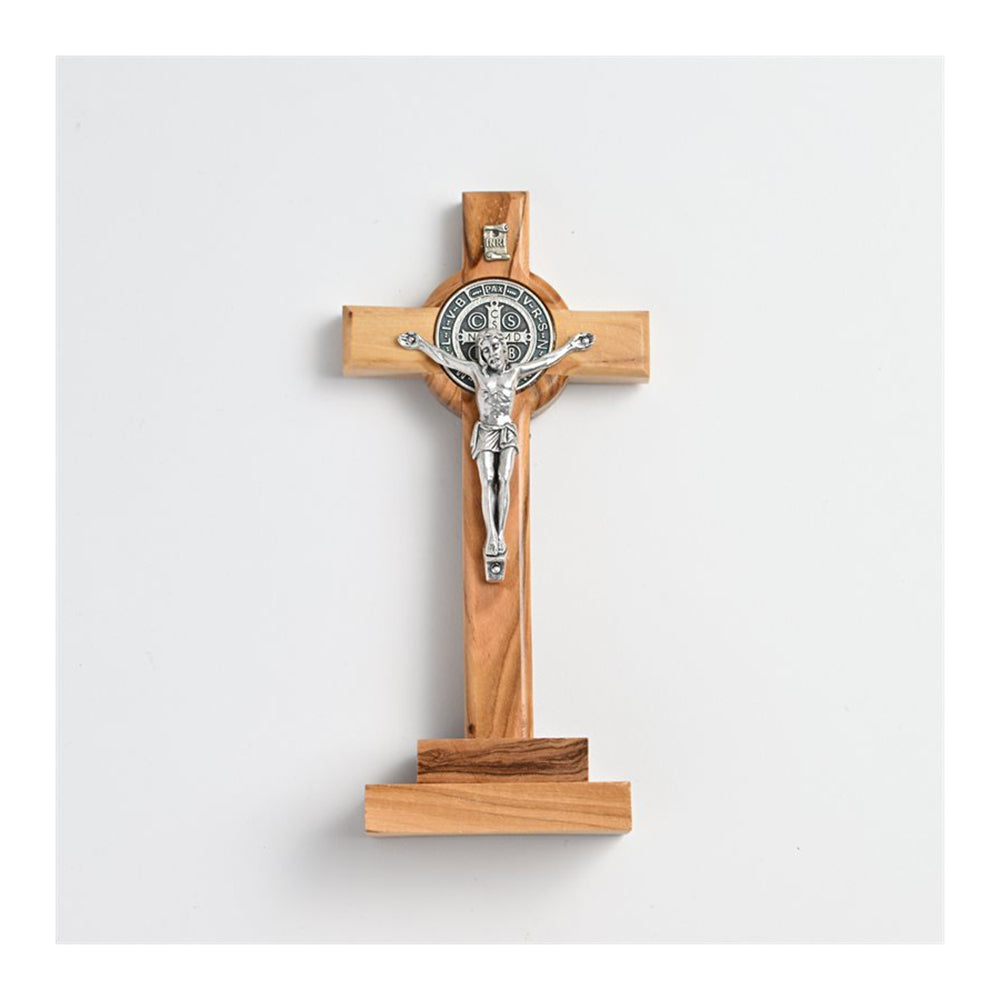 St. Benedict Olive Wood Desk Crucifix on Magnetic Base - 5.5"