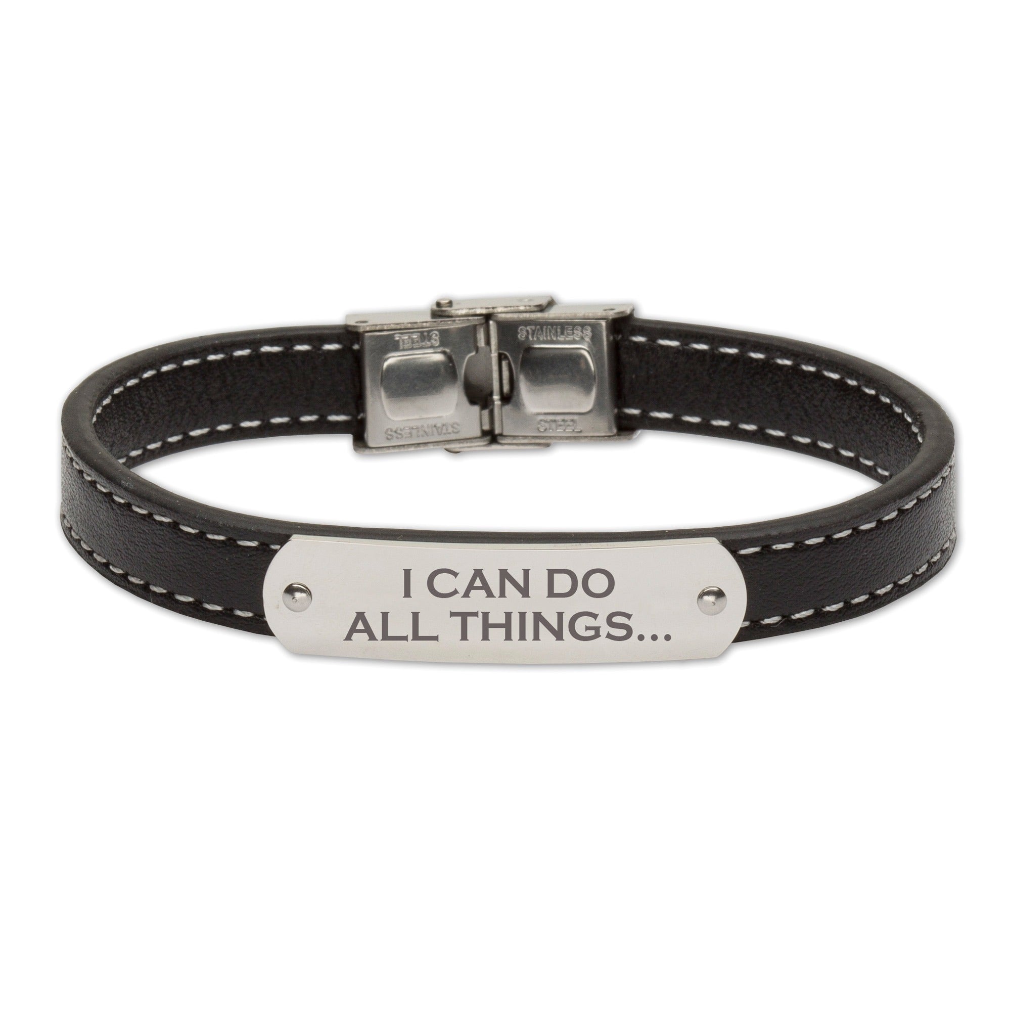 Stainless Steel Black Leather Bracelet - "I Can Do All Things"