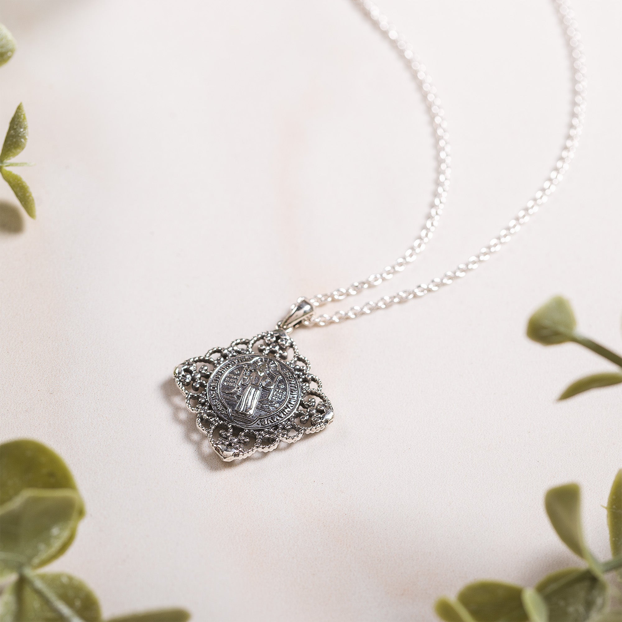 Sterling Vintage Filigree St. Benedict Medal Necklace