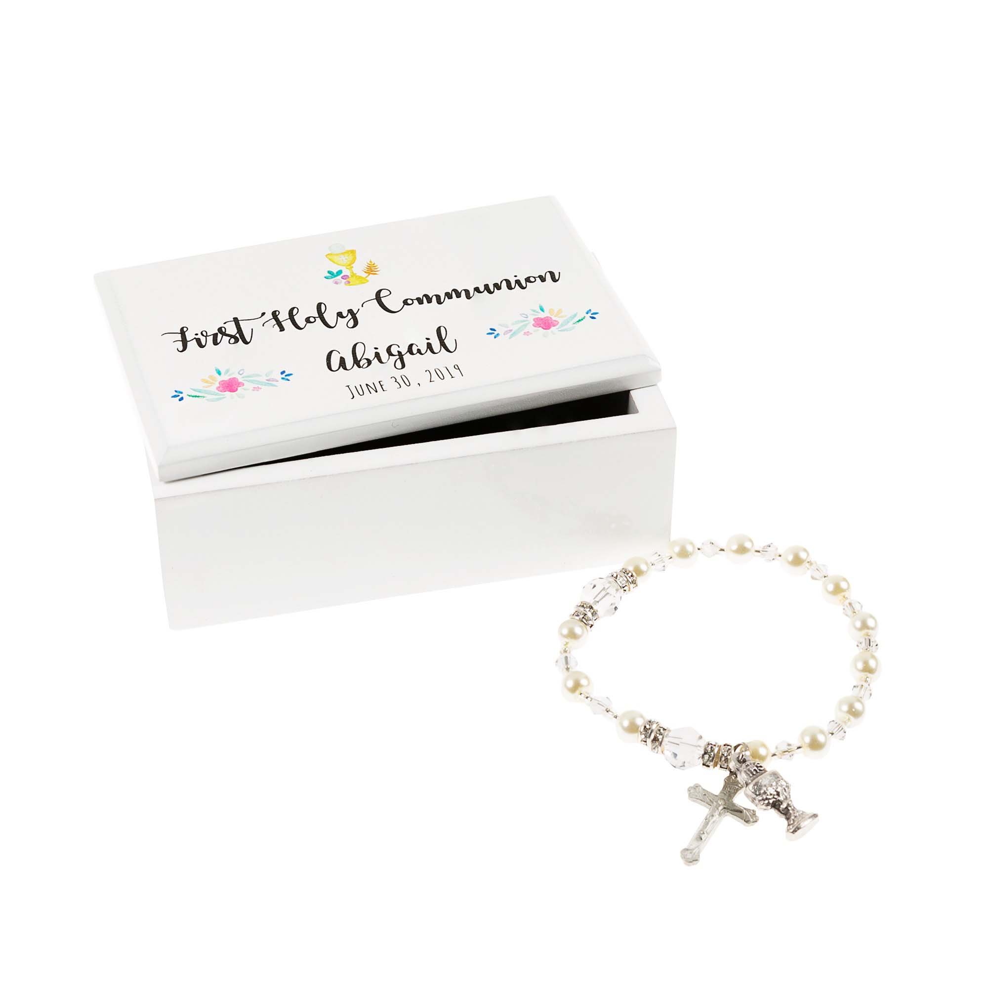 Floral First Communion Box & Chalice Rosary Bracelet