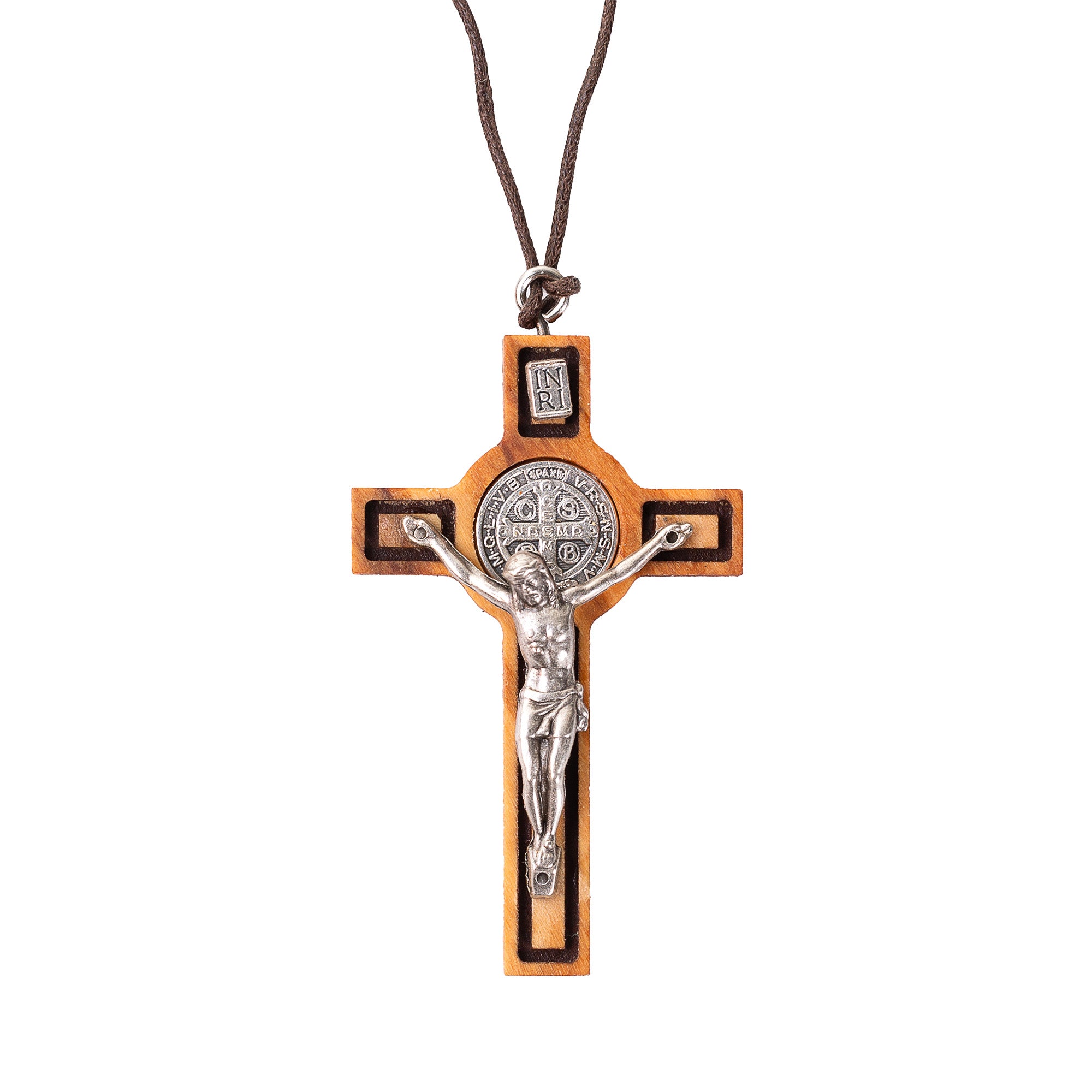 Olive Wood St. Benedict Crucifix Corded Necklace