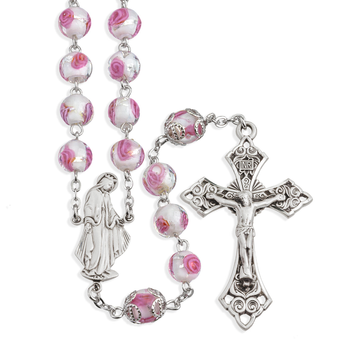 Platinum & Sterling Our Lady of Grace Rose Bead Rosary