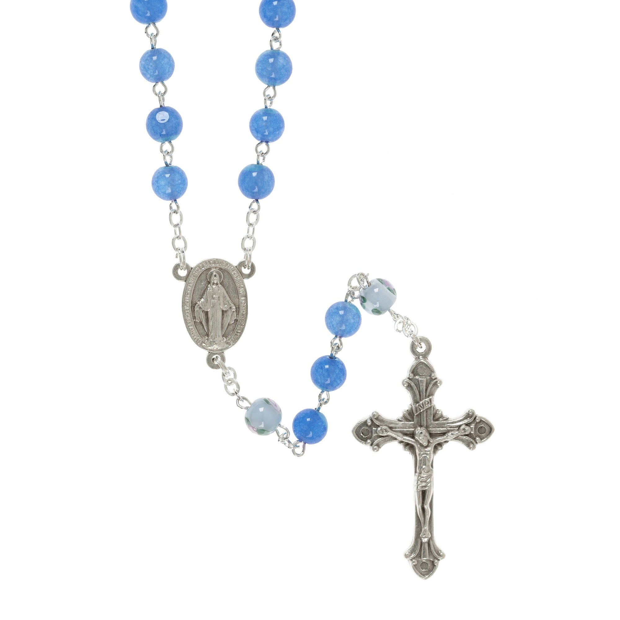 Blue Floral Handcrafted Glass Rosary