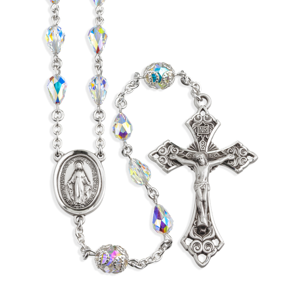 Sterling Silver & Aurora Borealis Teardrop Crystal Rosary