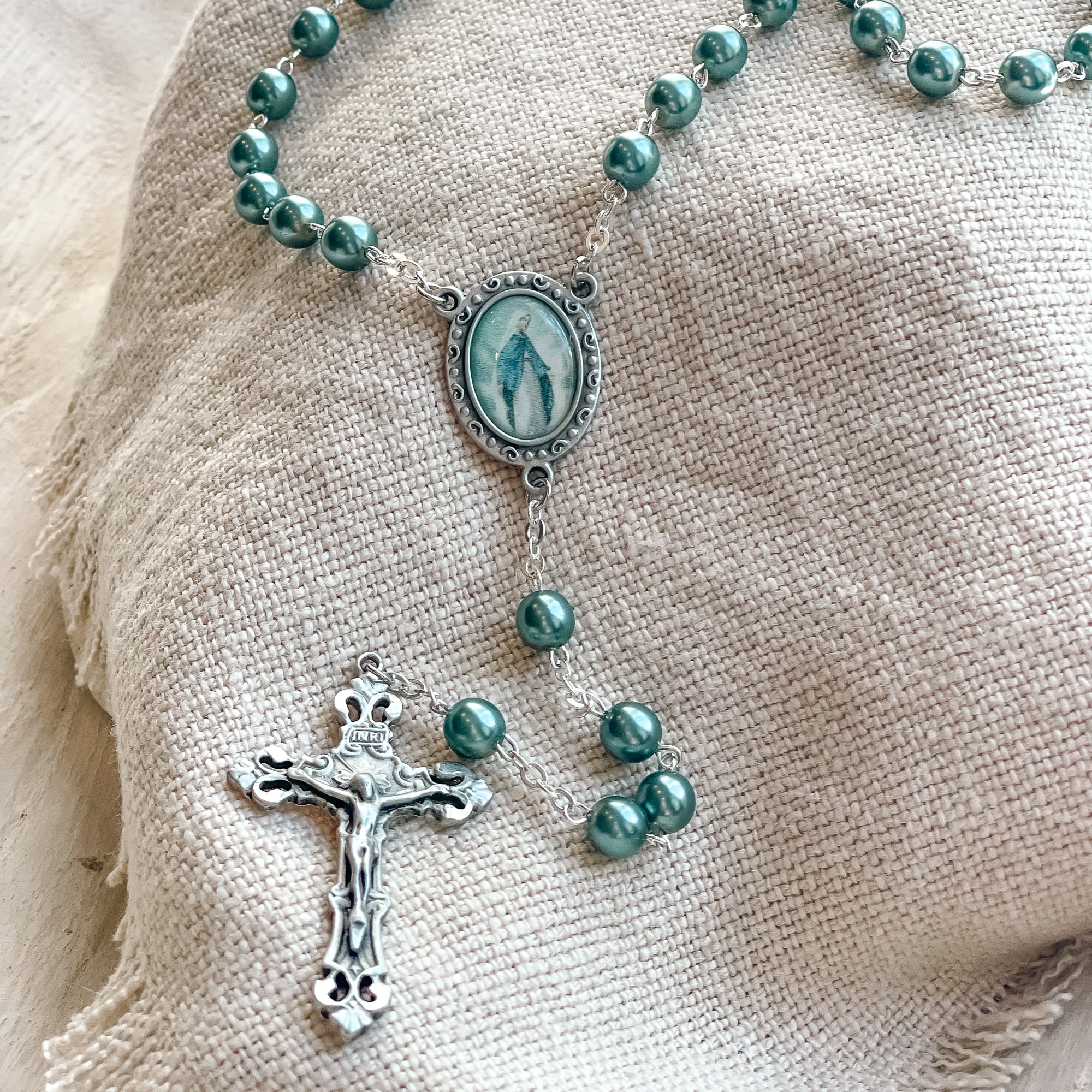 Teal Pearl Our Lady of Grace Rosary
