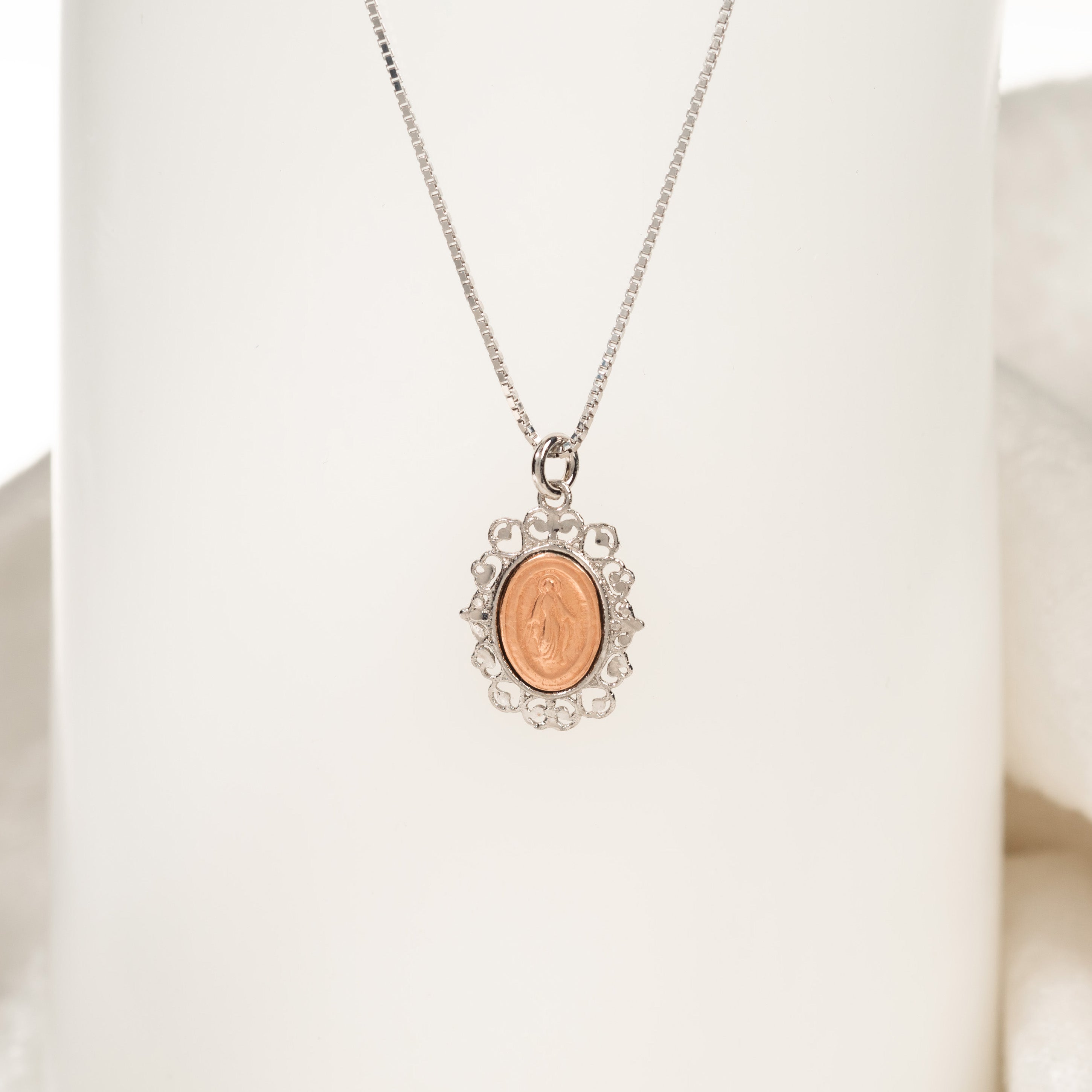 Rose Gold & Sterling Silver Border Miraculous Medal Necklace