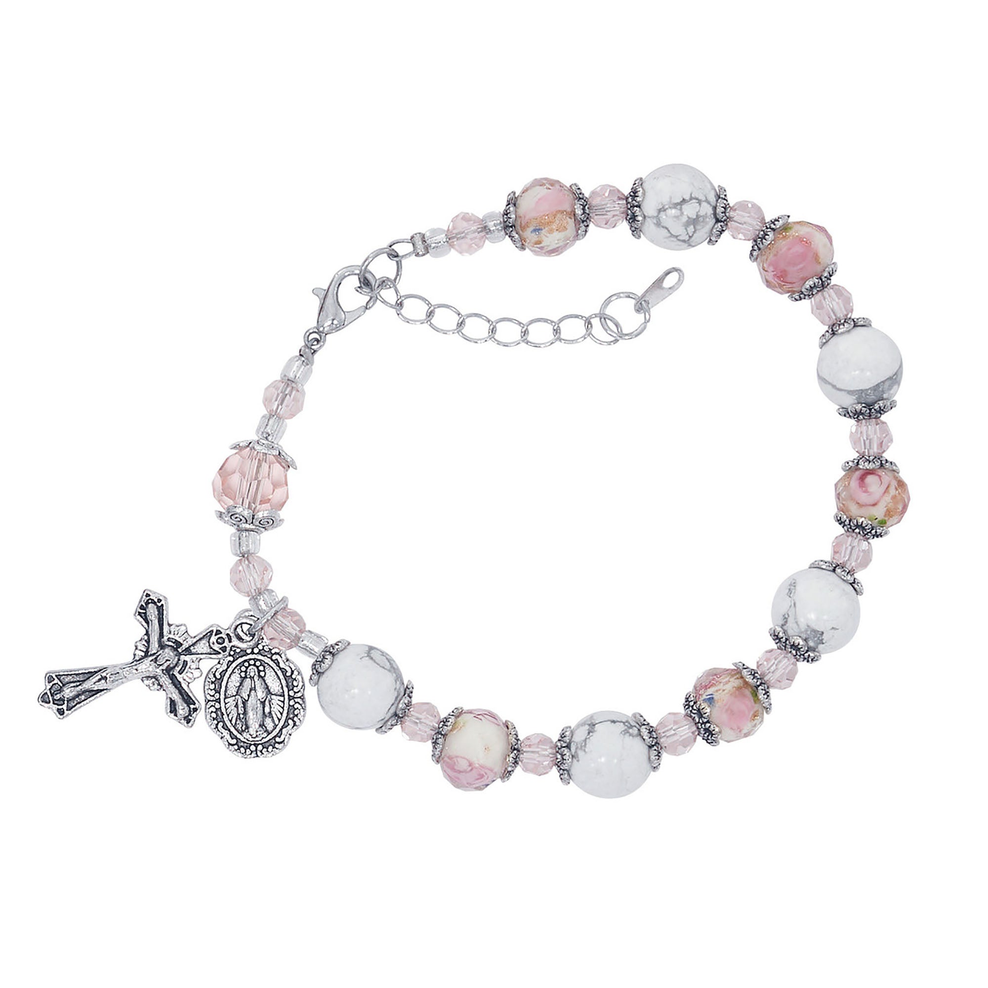 Howlite & Pink Floral Rosary Bracelet