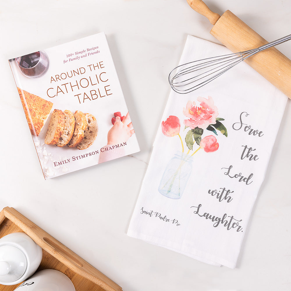 Around the Catholic Table Cookbook and Laughter Padre Pio Watercolor Dishtowel Gift Set