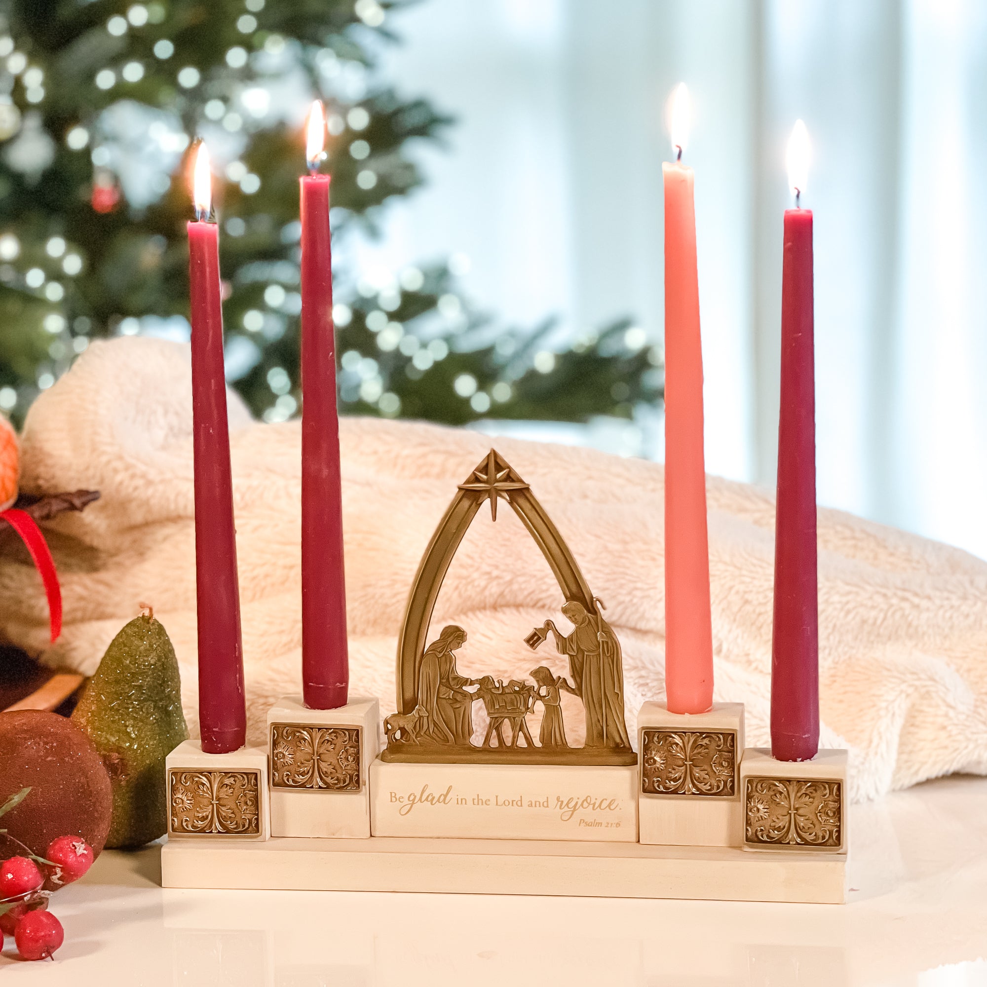 White Nativity Advent Candle Holder & Candles
