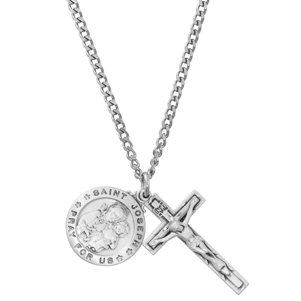 Sterling Silver St. Joseph Medal & Crucifix Necklace - 24"