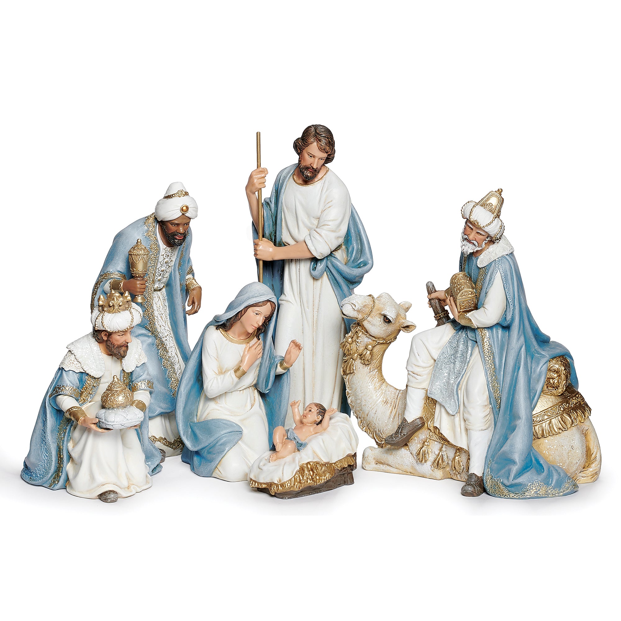 Charming White, Gold & Blue Nativity Set - 6 Pieces