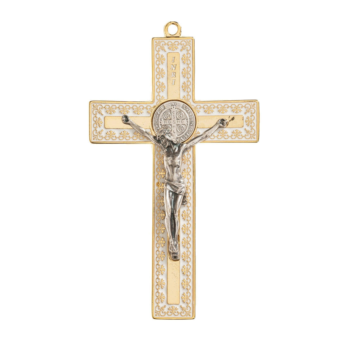 Gold St. Benedict Crucifix with White Enamel Accent - 4.7"