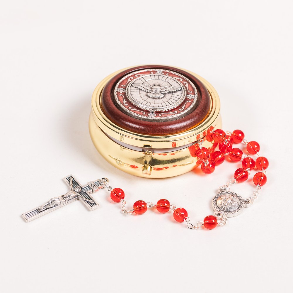 Red Glass Holy Spirit Rosary & Rosary Box Set