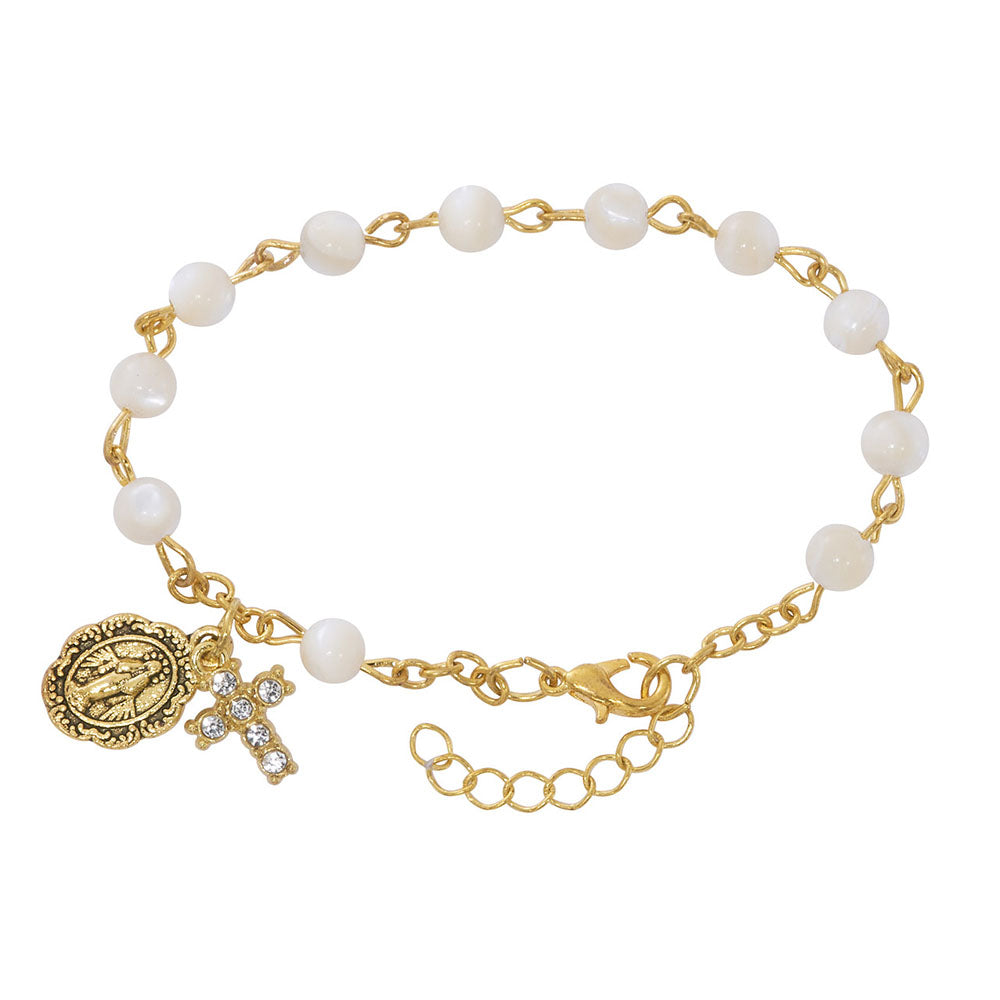 Mother of Pearl Rosary Bracelet With Miraculous Medal & Cross Charms