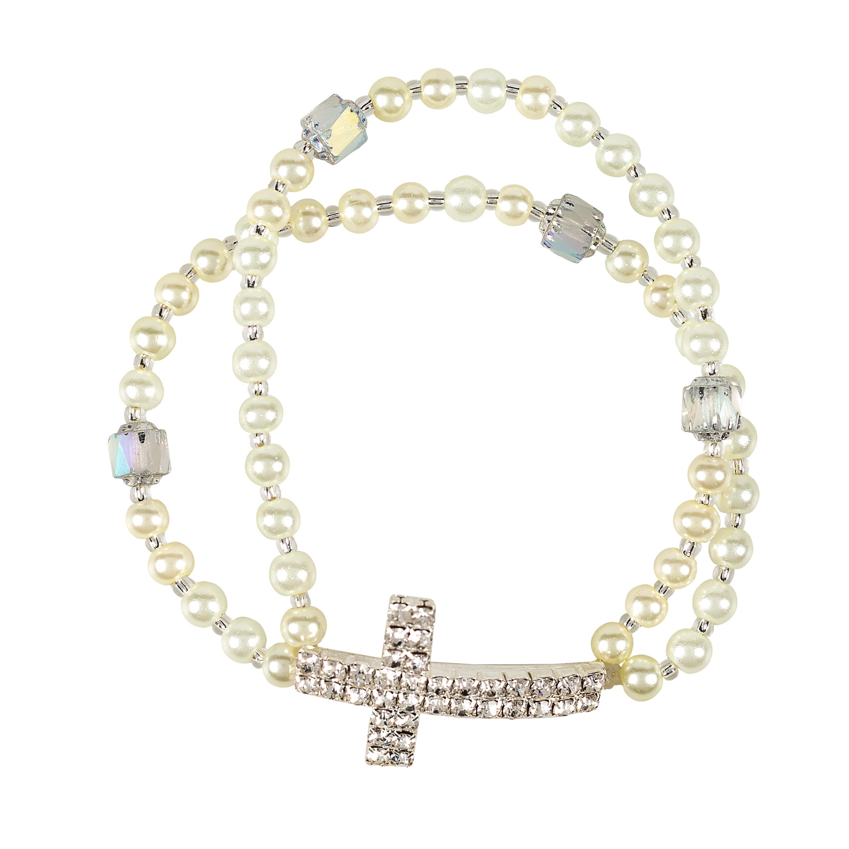 Rhinestone Cross & Pearl First Communion Rosary Bracelet