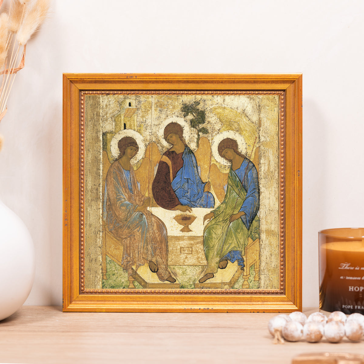 Vintage "The Holy Trinity" Icon, gold framed, depicting three angels at a table.