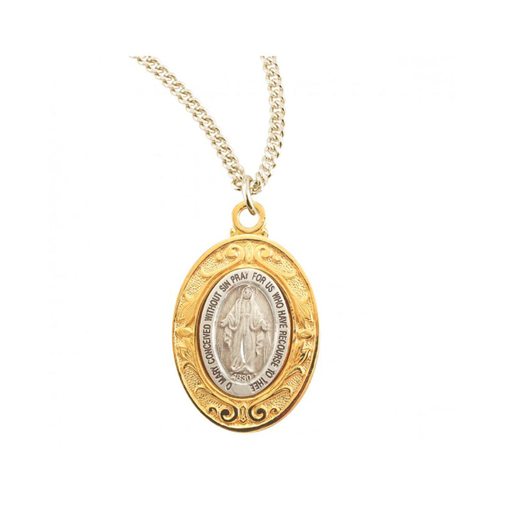 Sterling Center Florentine Setting Miraculous Medal Necklace