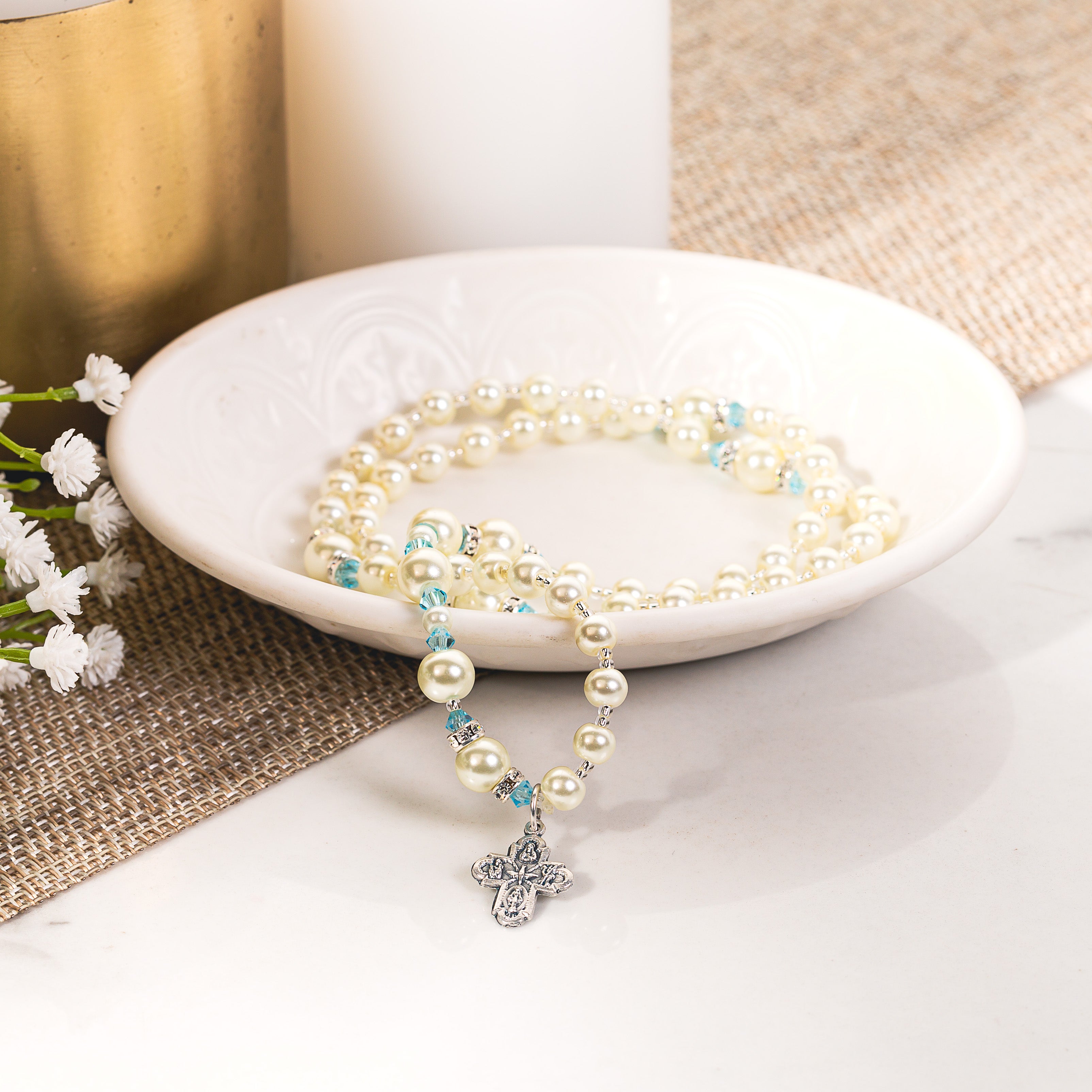 Aquamarine & Pearl Full Wrap Rosary Bracelet