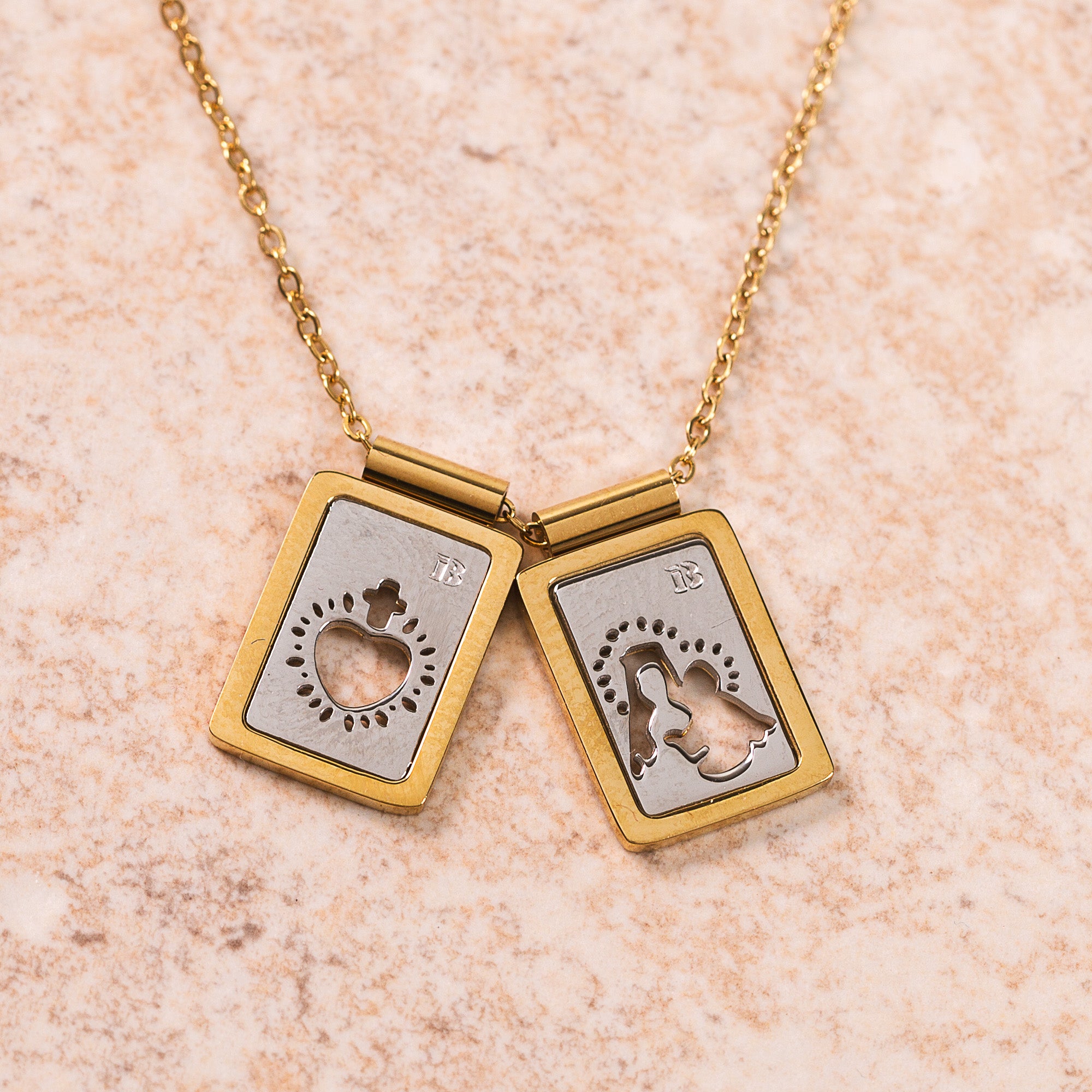 Our Lady & Sacred Heart Sterling & Gold Scapular Necklace