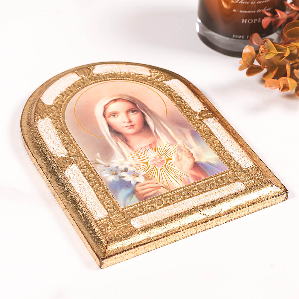 Immaculate Heart of Mary Gold & White Arched Florentine Plaque - 8" x 6"