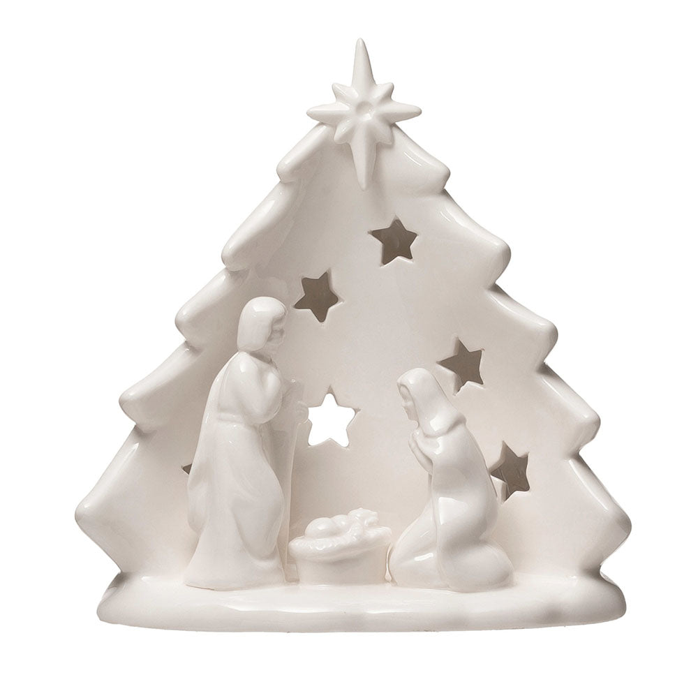 Holy Family Nativity Tea Light Holder with Tree & Cut-Outs