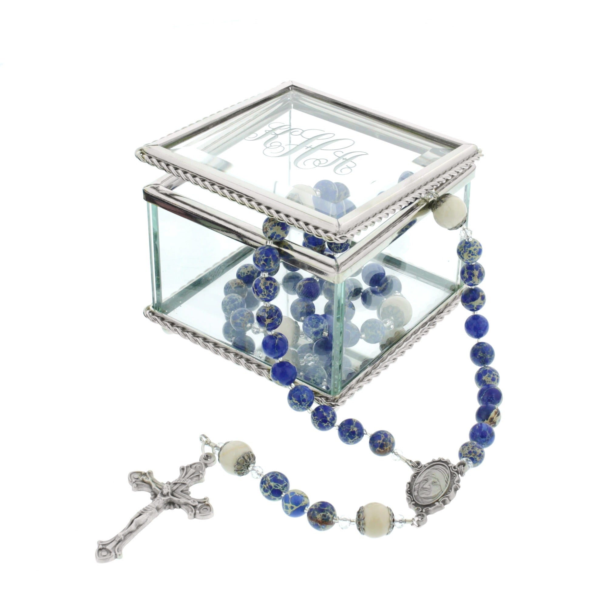 Mother Teresa Rosary with Monogrammed Glass Rosary Box