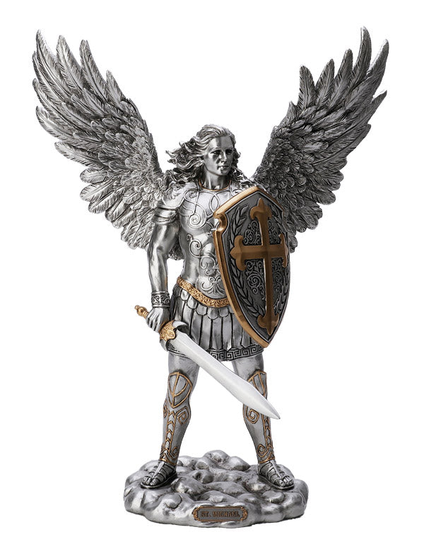 Pewter Style St. Michael Warrior Statue - 13.5"