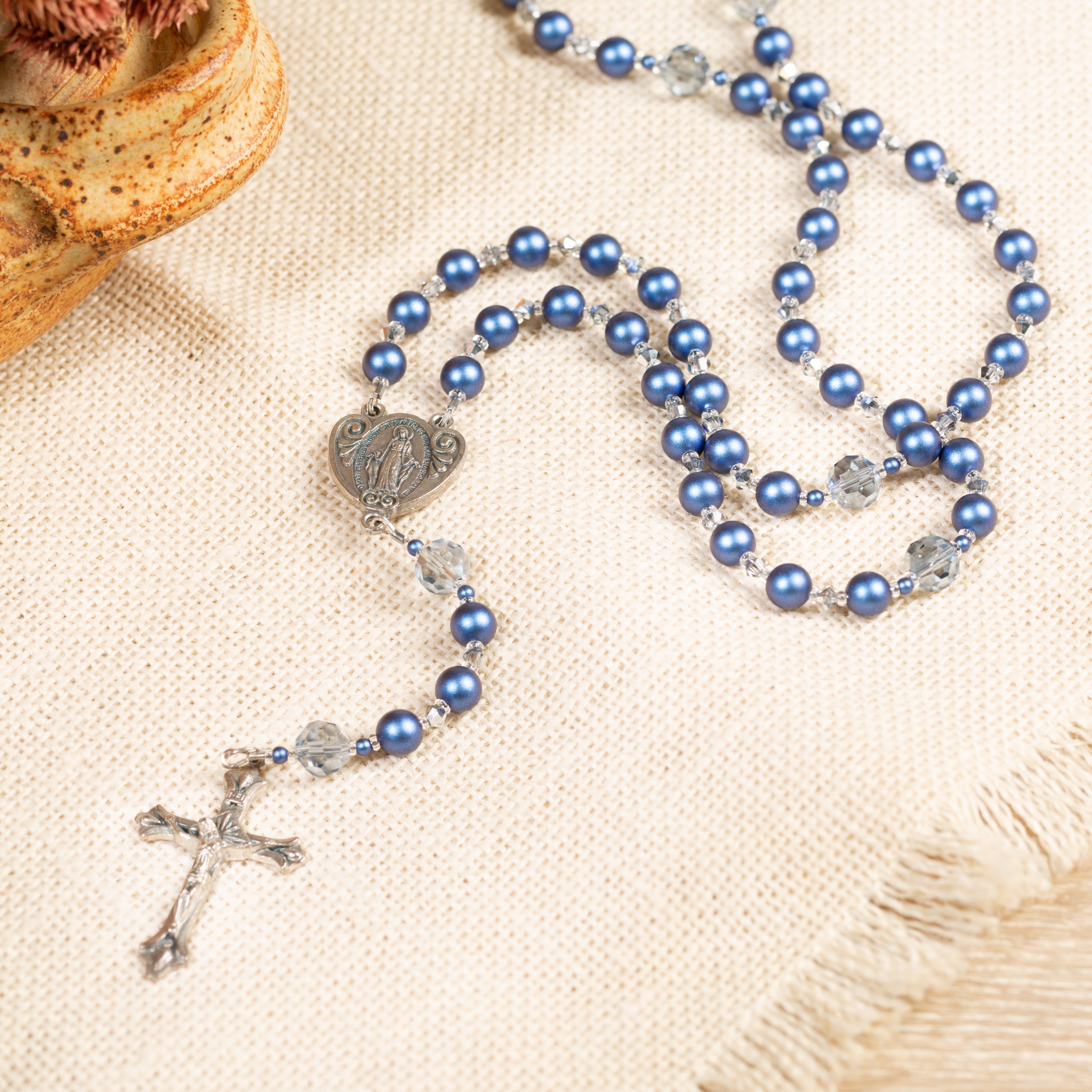 Blue Glass Pearl Miraculous Medal Rosary