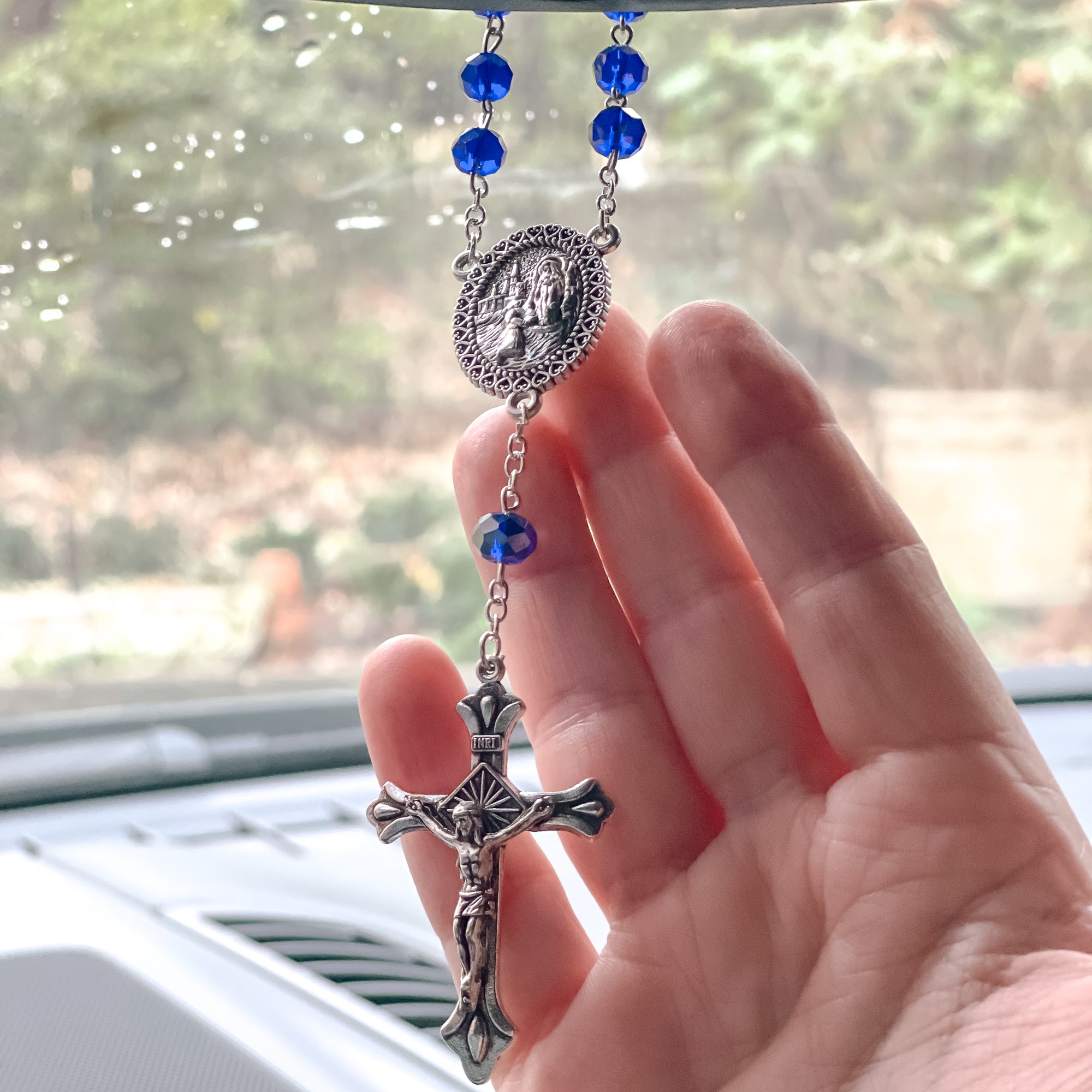 Blue Sun-Cut Crystal Lourdes Water Auto Rosary