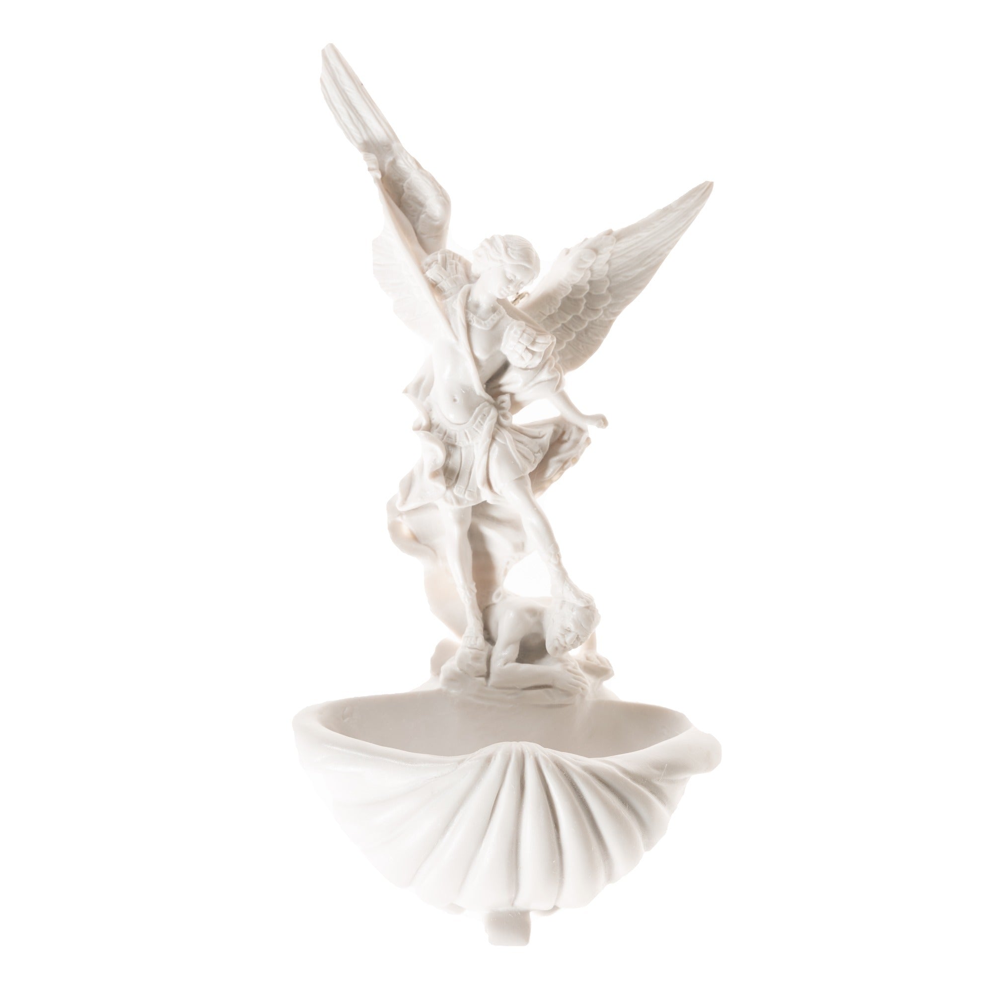 Italian White Alabaster St. Michael Holy Water Font
