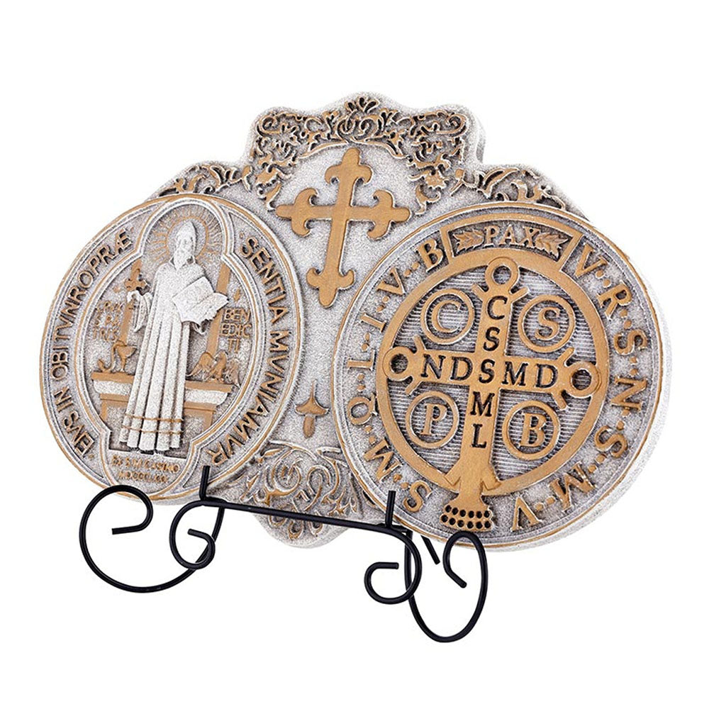 White & Gold St. Benedict Medal Standing Plaque
