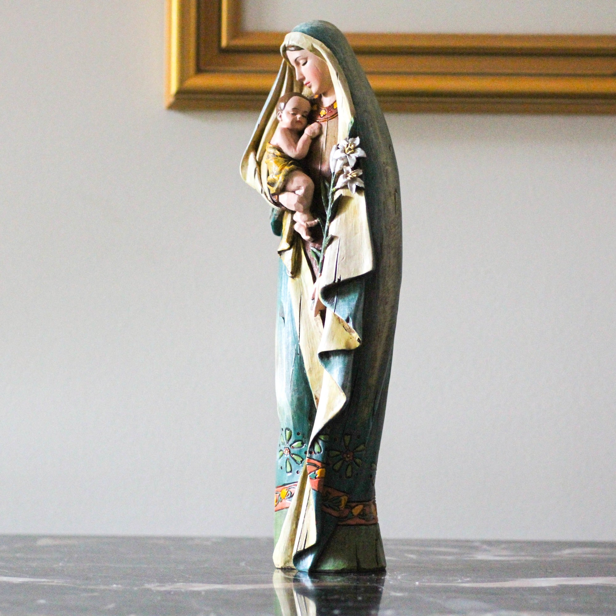 Madonna & Child w/ Lily Carved Statue