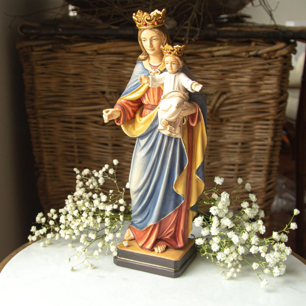 Madonna and Child with Crowns Italian Wood Statue - 12"
