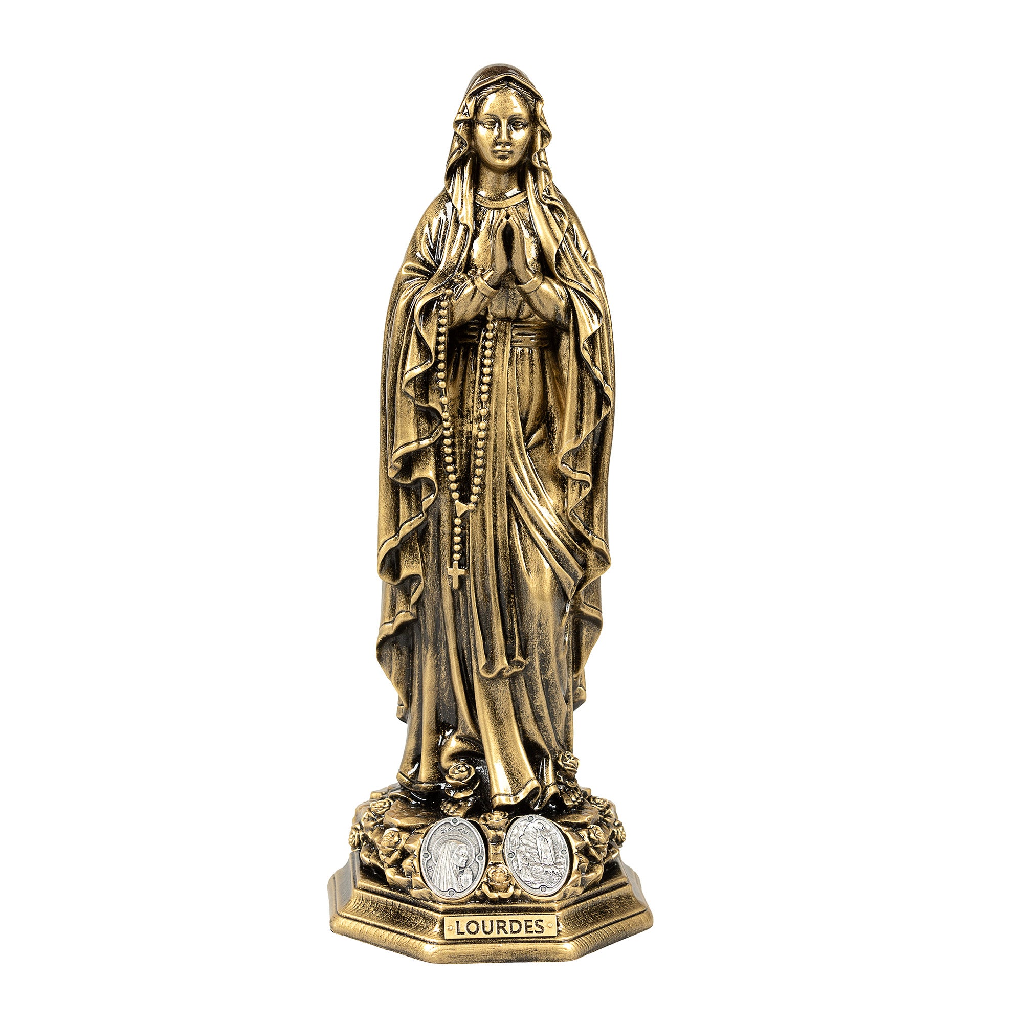 Painted Bronze Lourdes Statue with Medals - 11.8"