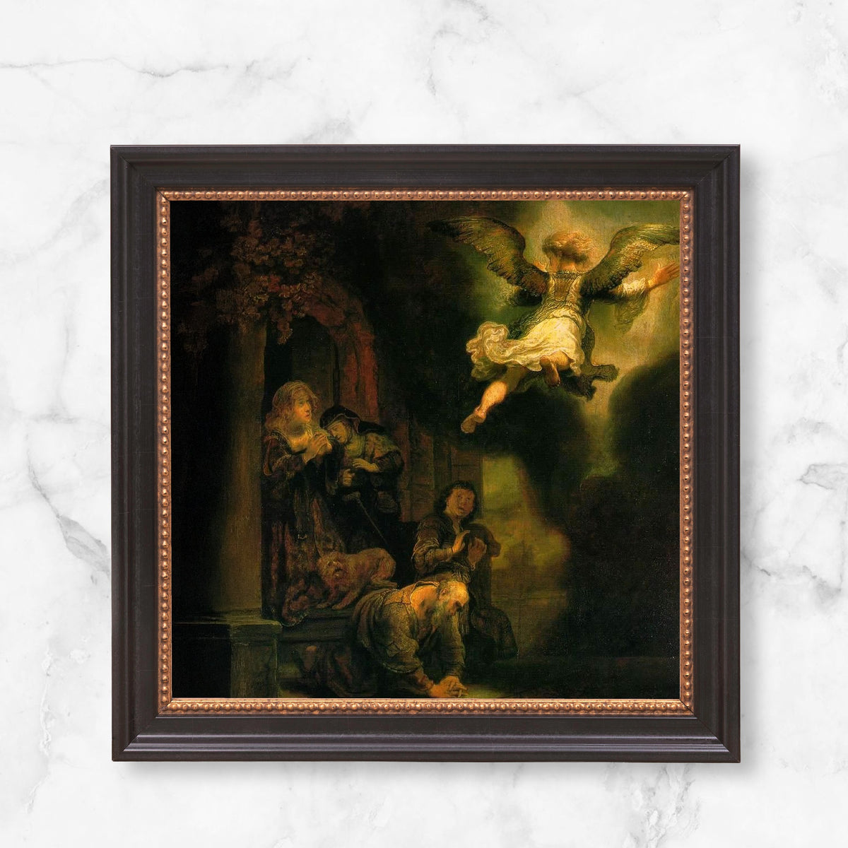 Framed painting depicts an angel appearing to people, with dark wooden frame and gold beading detail.