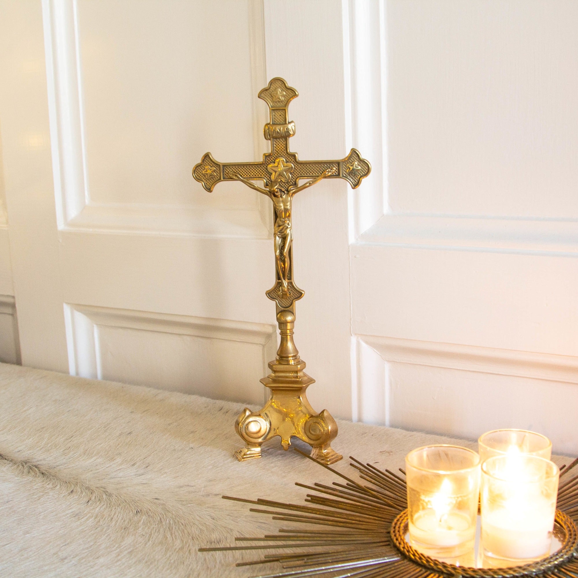 Heavy Three Point Brass Base Crucifix - 13 1/4 inches